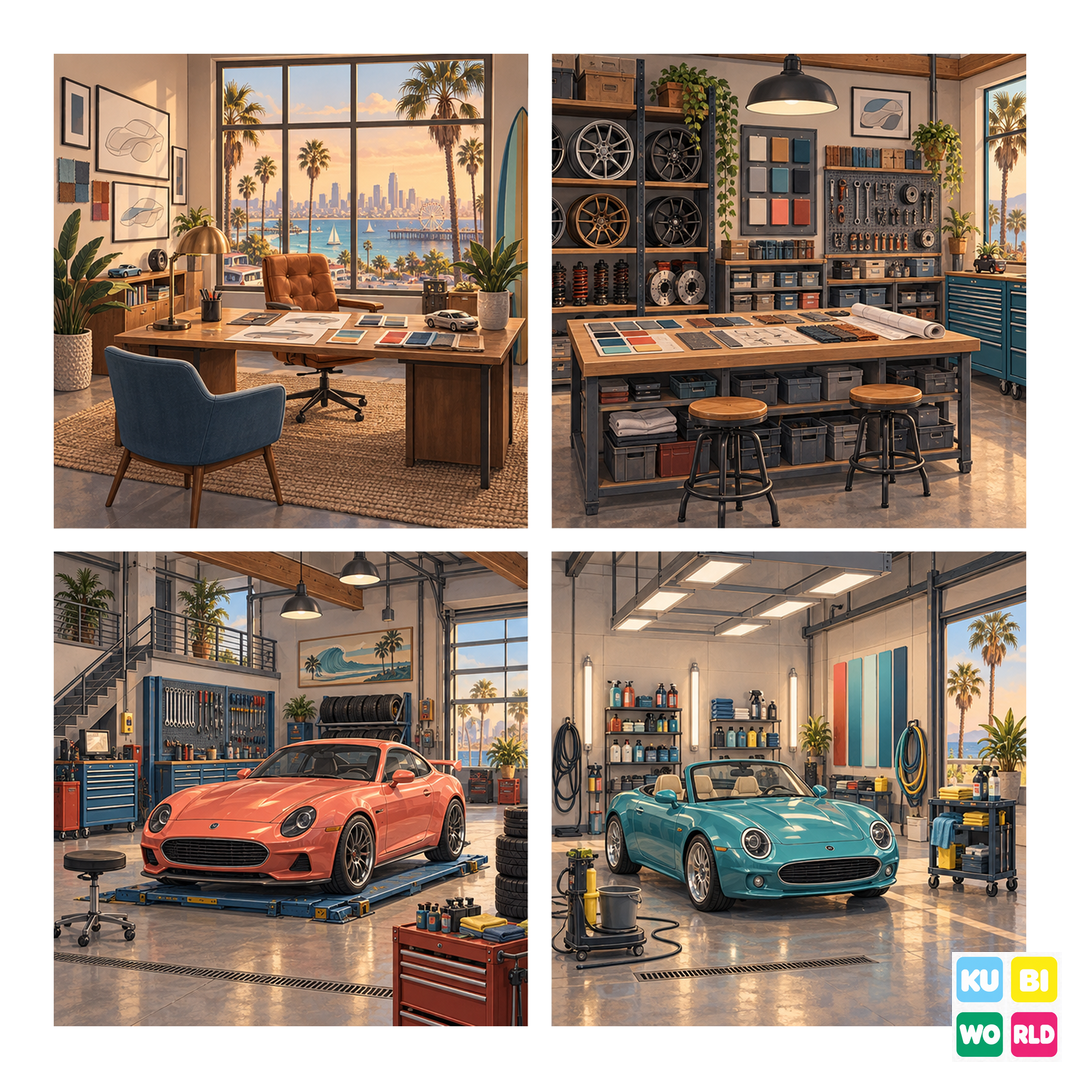 California Custom Auto Workshop Backdrop - four-scene board