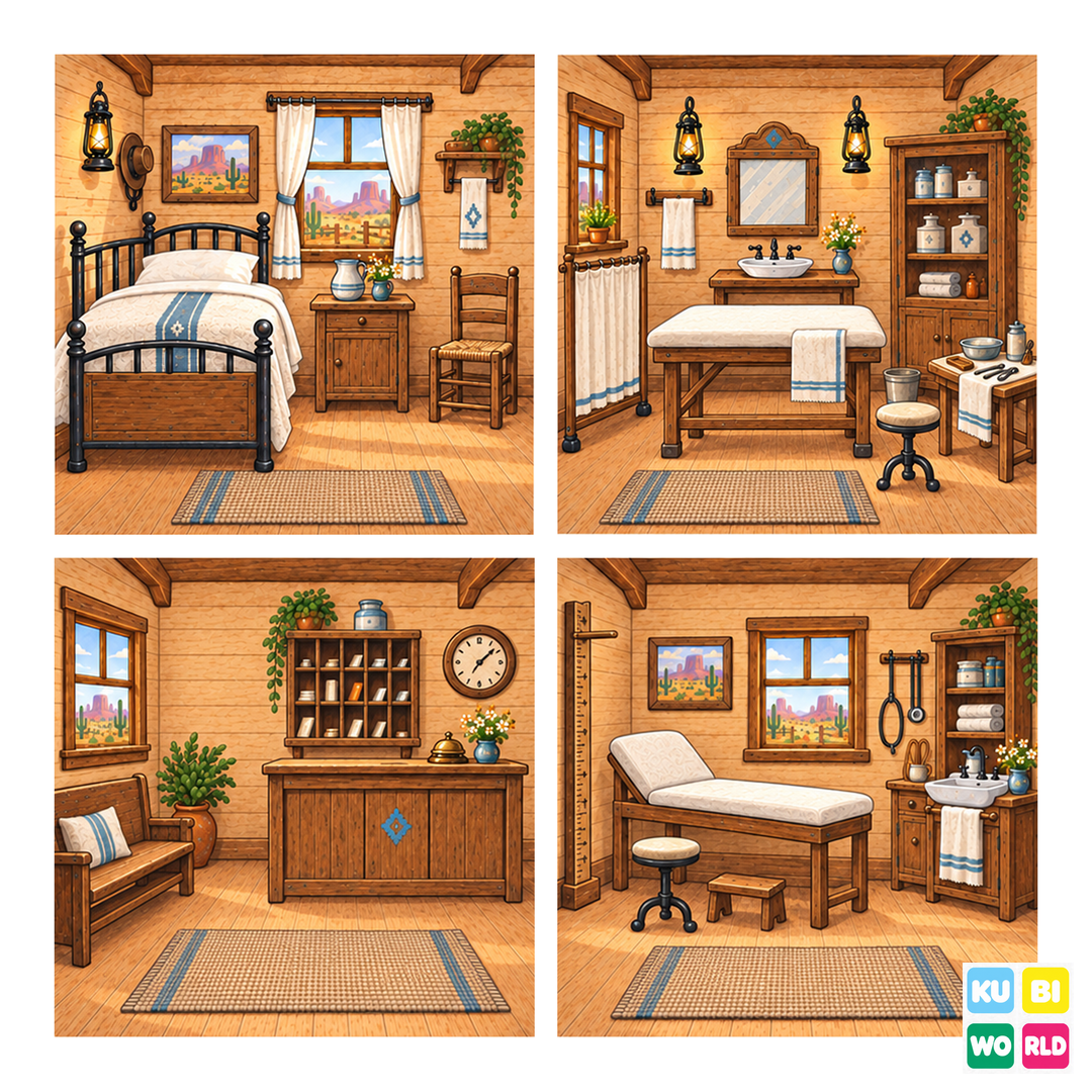 Frontier Clinic Backdrop - four-scene board