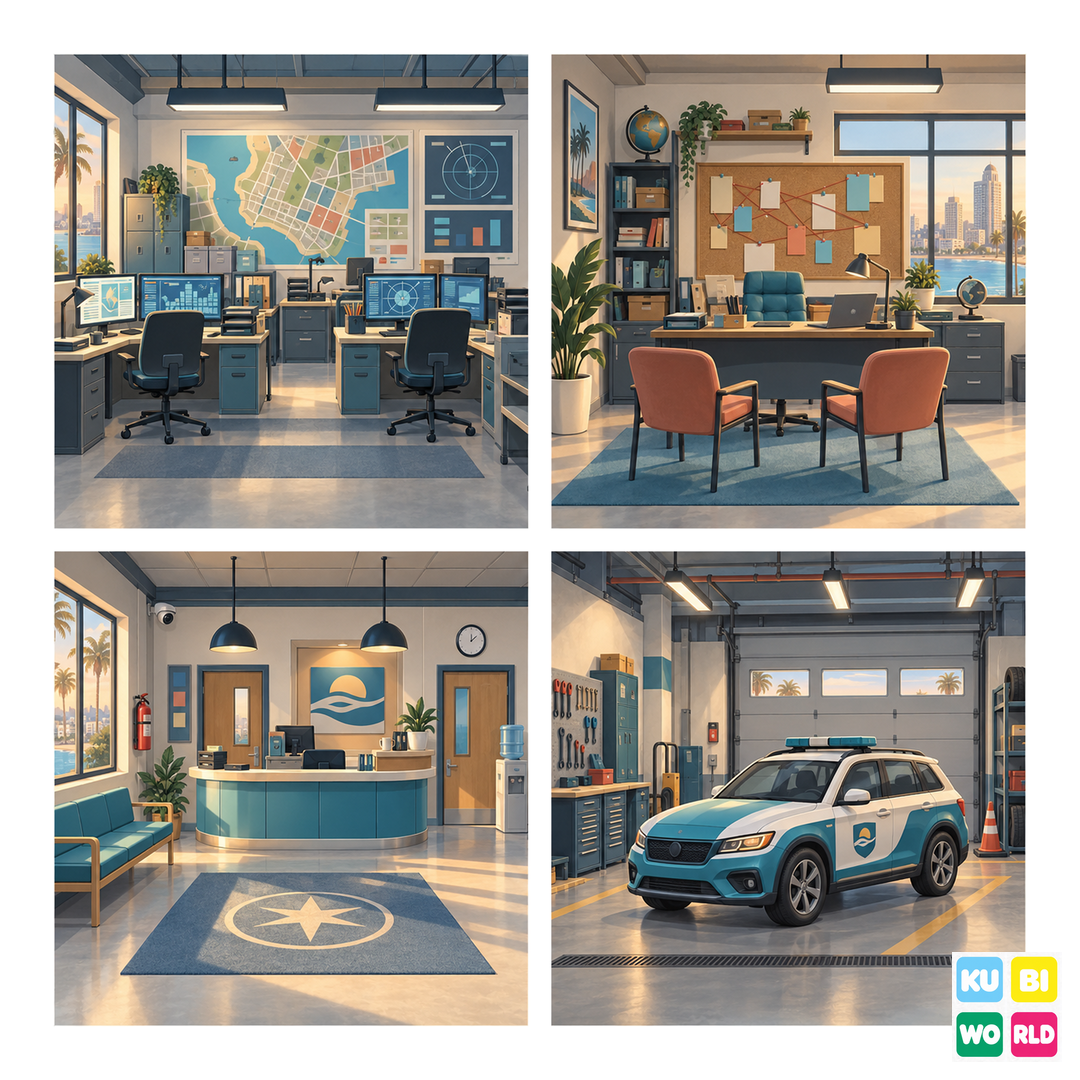 California Urban Police Station Backdrop - four-scene board
