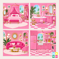 Pink Dollhouse Backdrop - four-scene board
