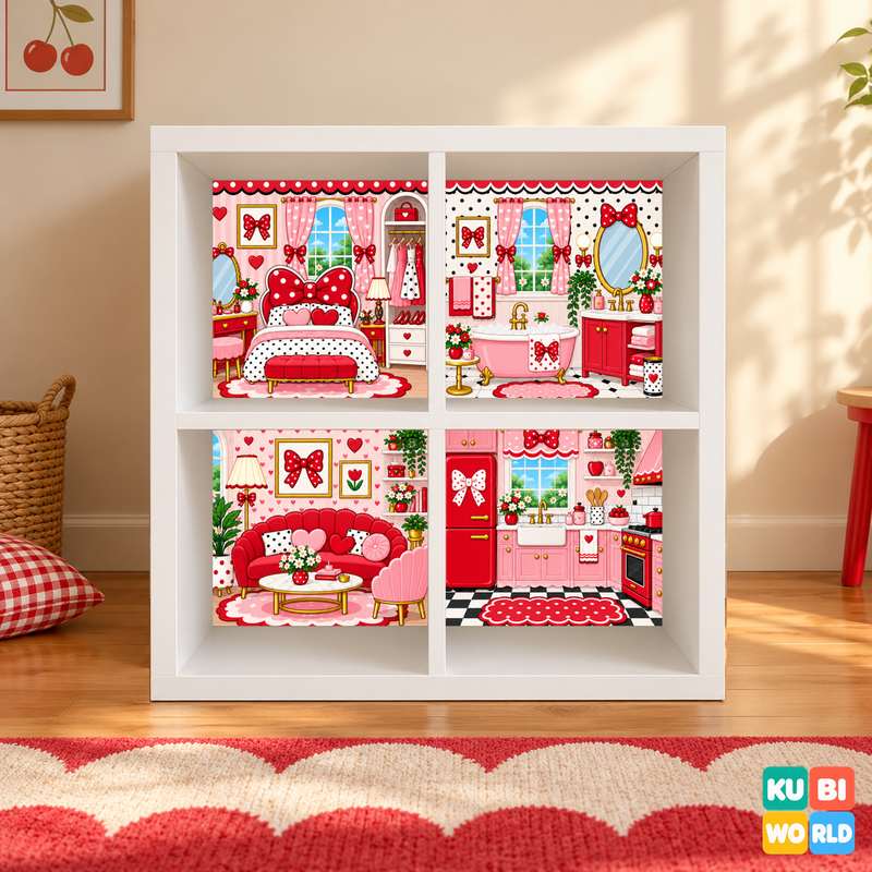Red Polka-Dot Dollhouse Backdrop - presentation view