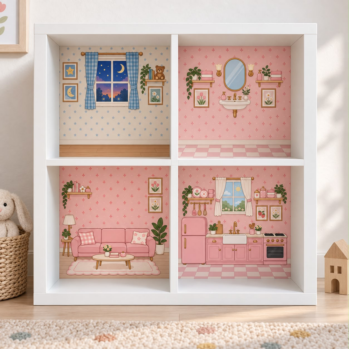 Dino Valley backdrop set shown in a white 2x2 cube shelf (placeholder artwork)